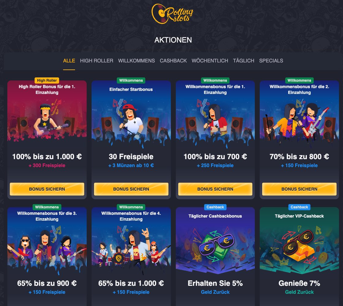 Aktionsseite von Rolling Slots mit Willkommenspaket bis 3.700 € und 750 Freispielen (Oktober 2026)