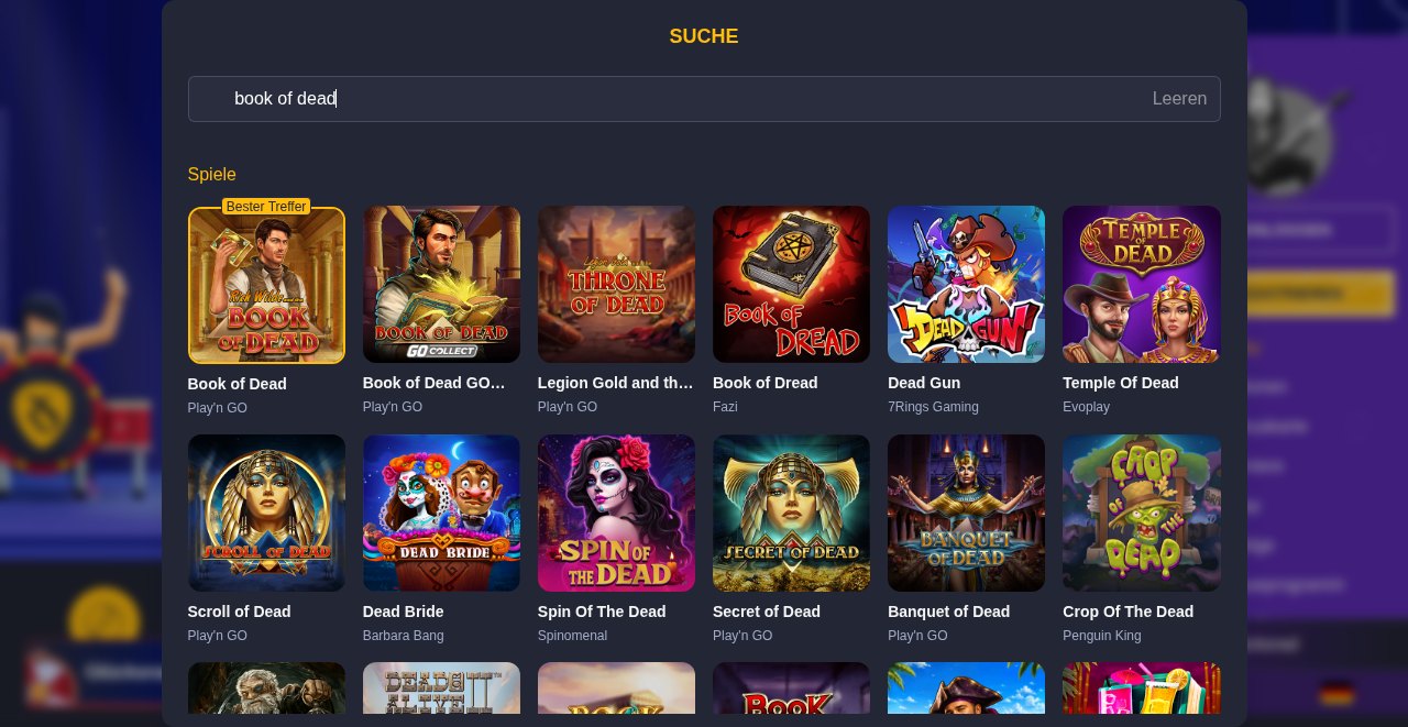 Rolling Slots Spielesuche nach Book of Dead mit dem Original als Bester Treffer und weiteren Dead-Slots