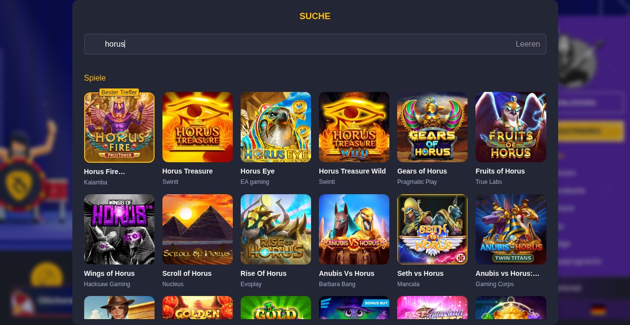 Rolling Slots Suche nach Horus mit Horus-Slots von Kalamba, Swintt, Pragmatic Play, Hacksaw Gaming und Evoplay