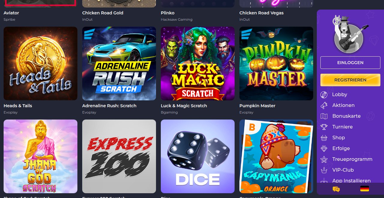 Instant-Win-Rubrik von Rolling Slots mit Crash-, Plinko- und Rubbellos-Spielen