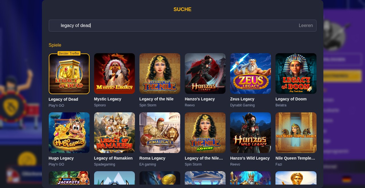 Spielesuche bei Rolling Slots nach Legacy of Dead mit dem Play'n-GO-Slot als Bester Treffer