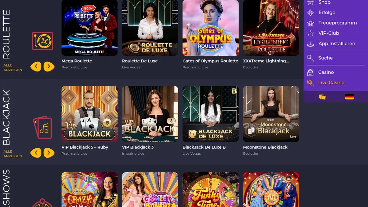 Live-Casino von Rolling Slots mit Roulette- und Blackjack-Tischen
