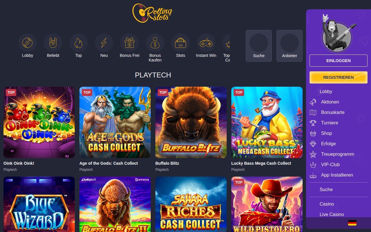 Rolling Slots Anbieterseite Playtech mit Age of the Gods: Cash Collect, Buffalo Blitz, Blue Wizard und Sahara Riches Cash Collect