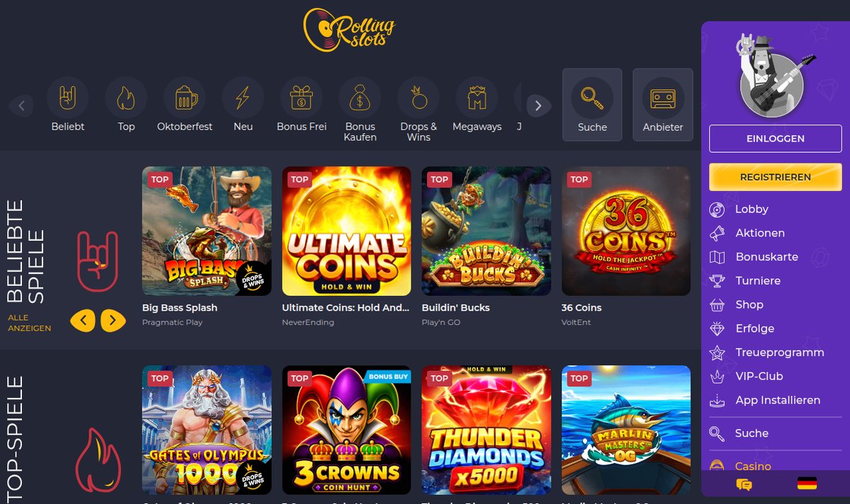 Spielekategorien und beliebte Slots bei Rolling Slots