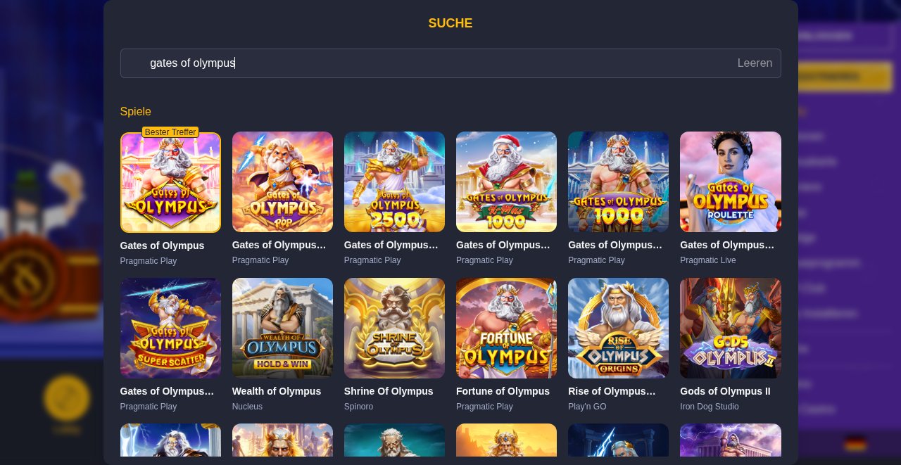 Rolling Slots Suche mit Gates of Olympus als Bester Treffer und allen Varianten