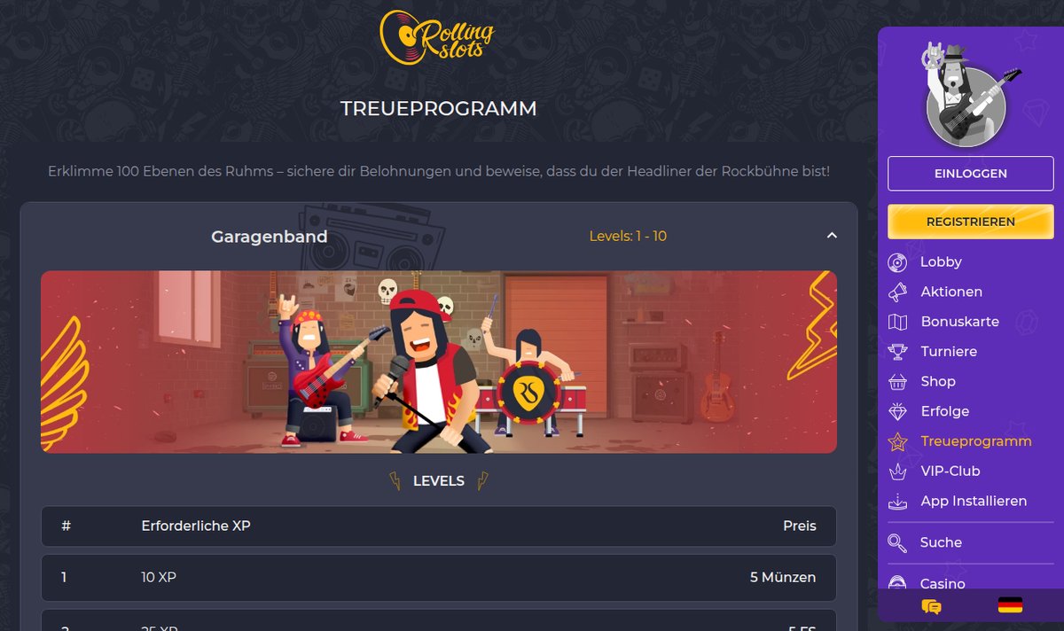 Treueprogramm von Rolling Slots mit 100 Stufen
