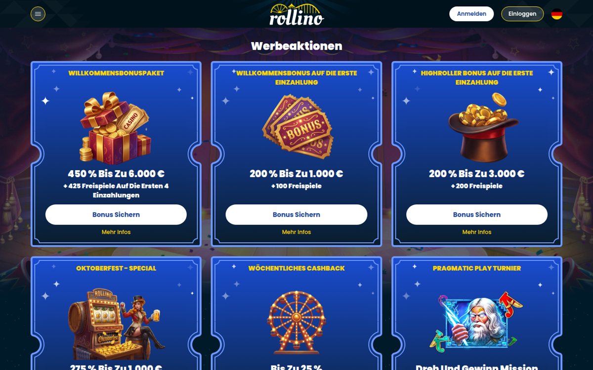 Rollino Aktionsseite mit Willkommensbonuspaket, Highroller-Bonus und Oktoberfest-Special