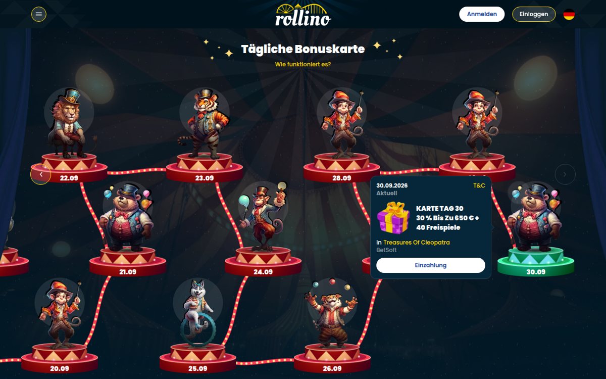 Rollino Tägliche Bonuskarte mit Tagesbonus 30 % bis 650 € und 40 Freispielen