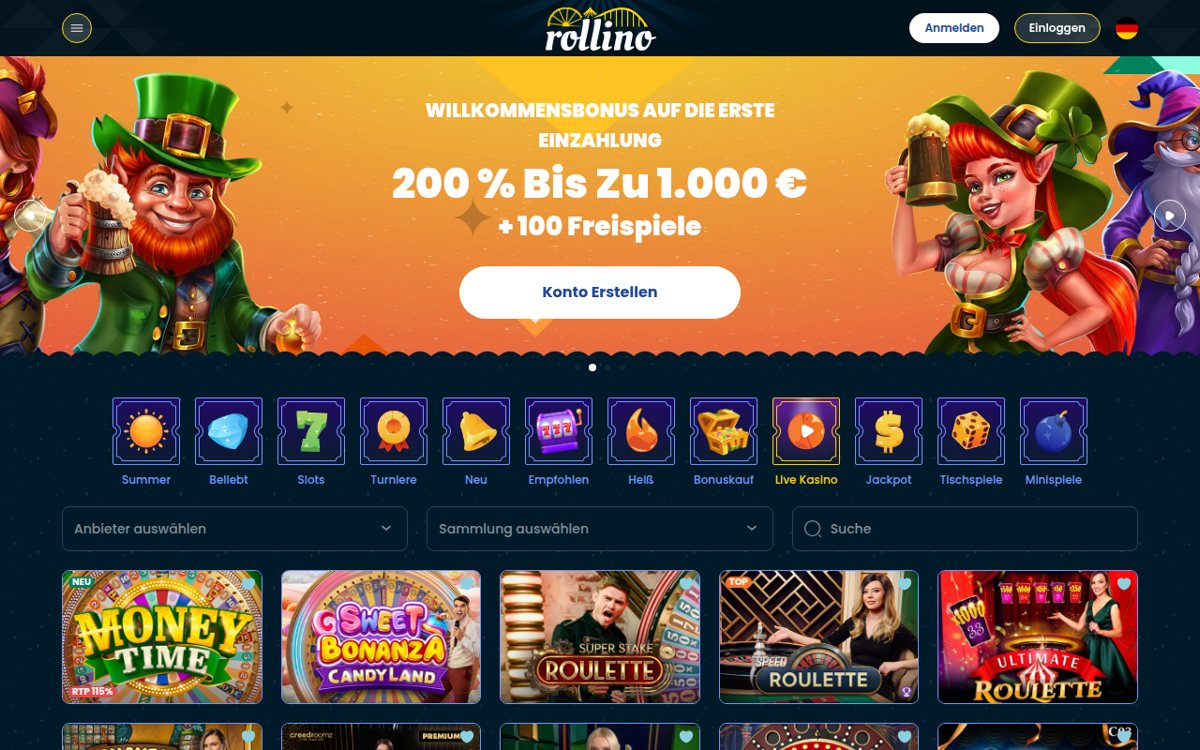 Rollino Live-Casino mit Money Time, Sweet Bonanza CandyLand und Speed Roulette