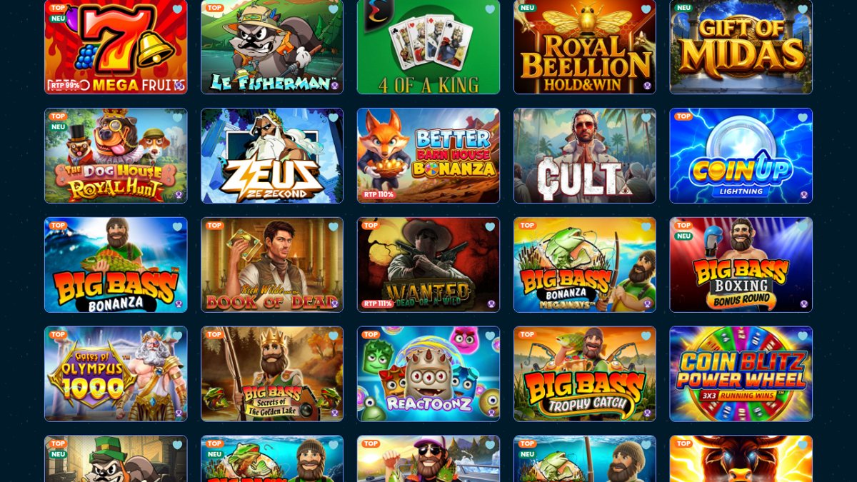 Rollino Slot-Lobby mit Big Bass Bonanza, Gates of Olympus 1000 und Book of Dead