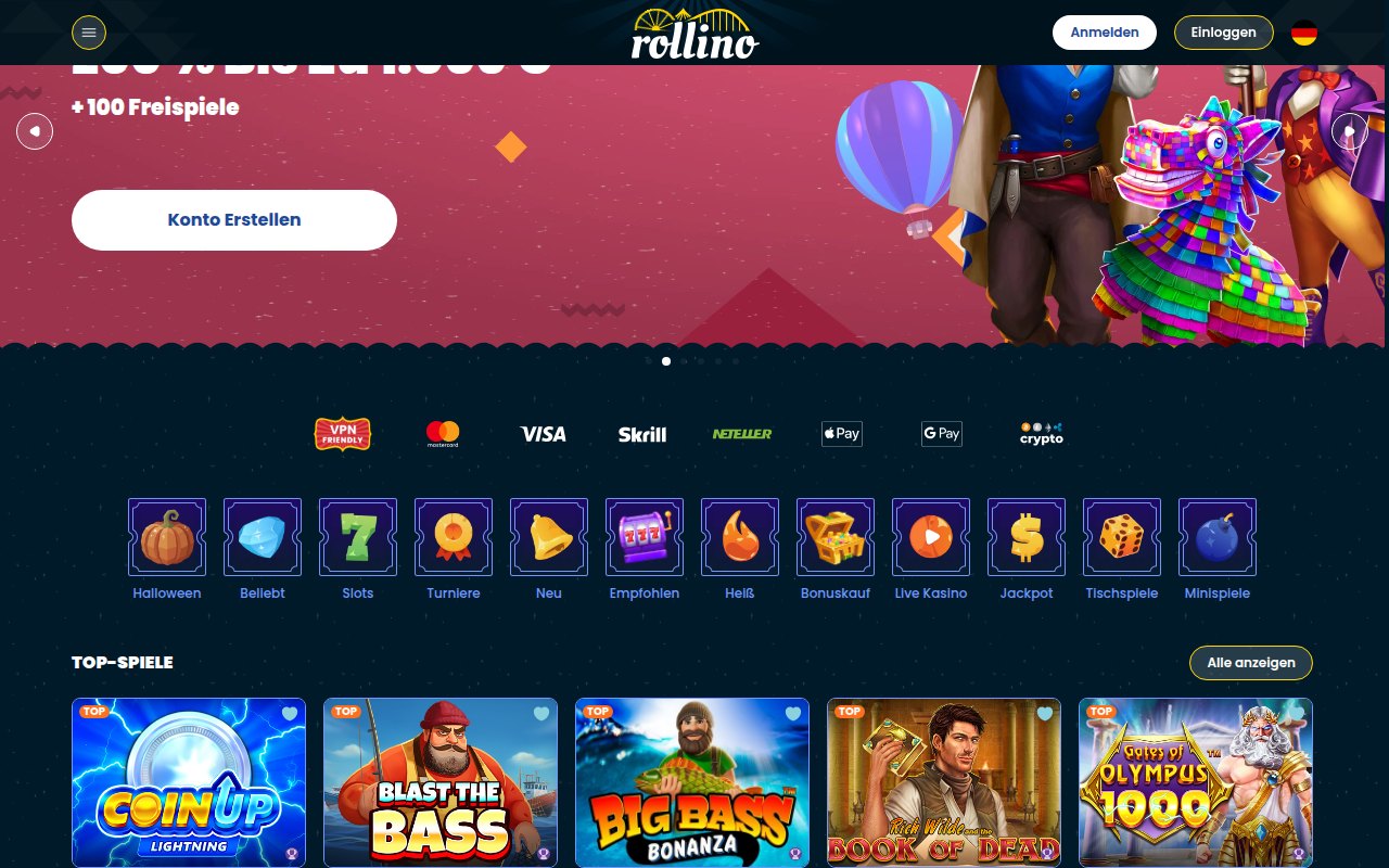 Rollino Zahlungsleiste auf der Startseite mit Google Pay, Apple Pay, Visa und Krypto