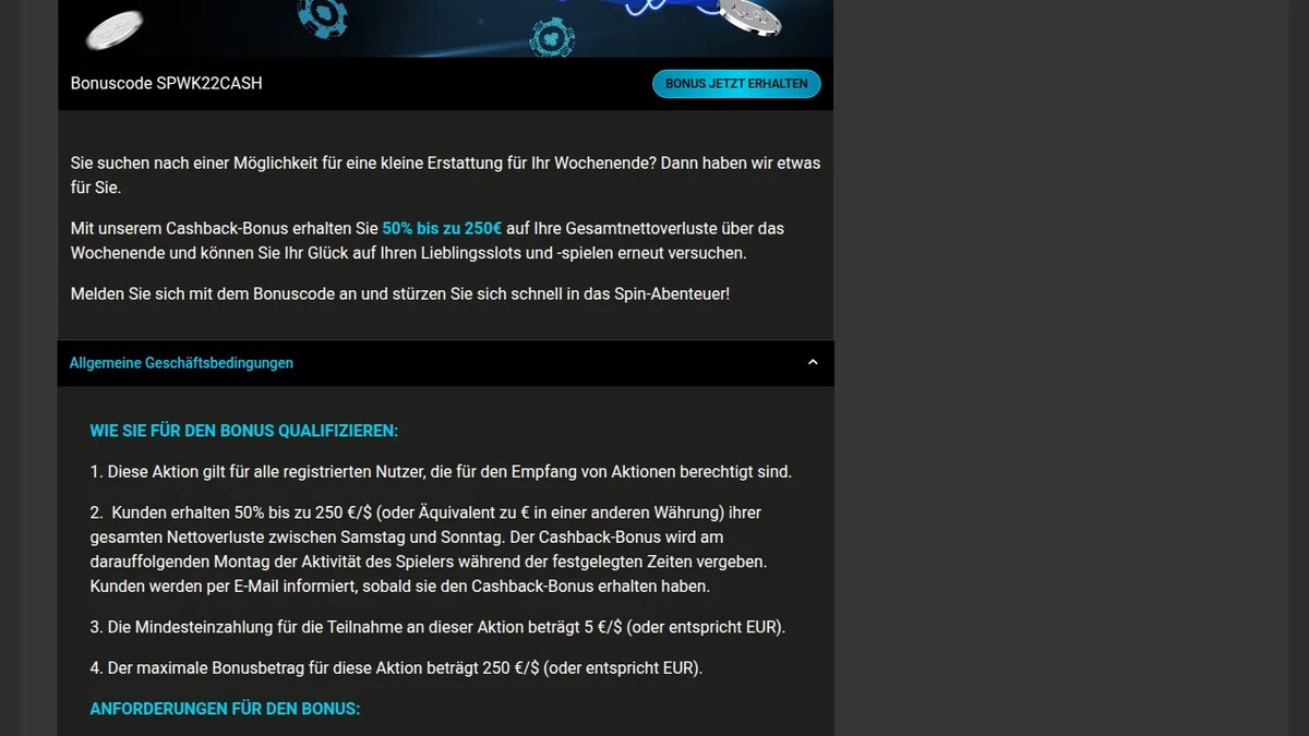 Silverplay Wochenend-Cashback 50 % bis 250 € auf die Nettoverluste mit Bonuscode