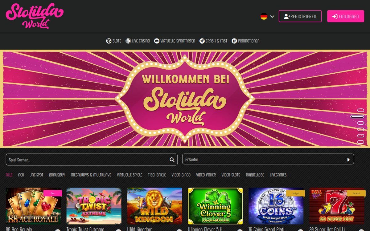 Slotilda World Startseite mit Spielkategorien und Anbieterfilter
