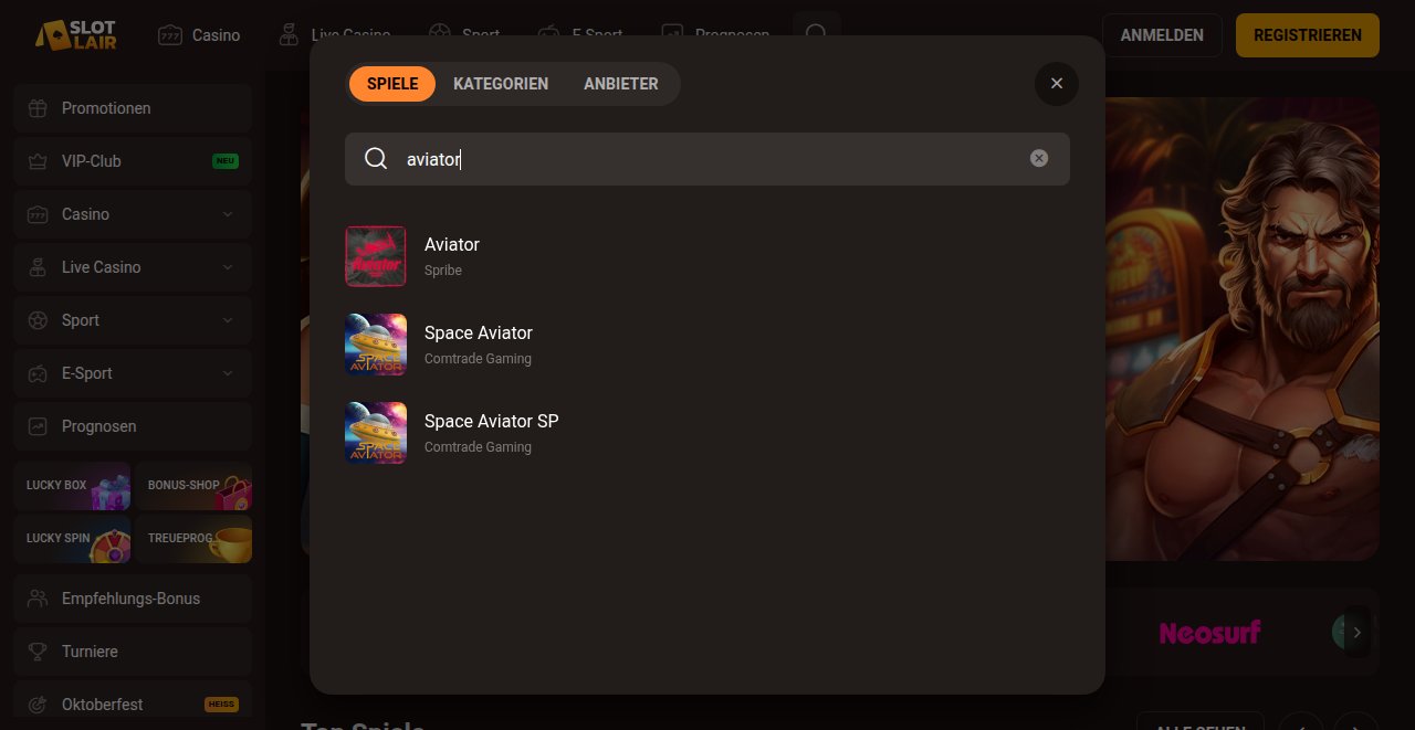 Slotlair Spielesuche mit Aviator von Spribe und Space Aviator von Comtrade Gaming