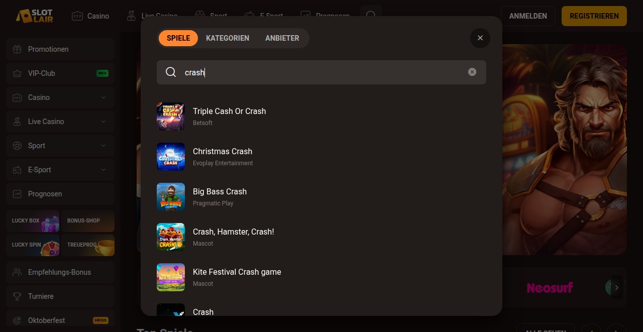 Suche nach Crash-Spielen bei Slotlair mit Triple Cash Or Crash, Christmas Crash, Big Bass Crash und weiteren Titeln