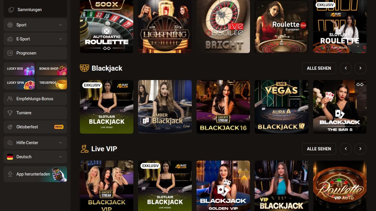 Slotlair Live-Casino mit Roulette-, Blackjack- und VIP-Tischen
