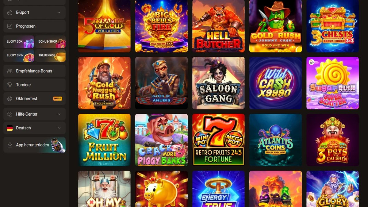 Slotlair Casino-Lobby mit Spielautomaten wie Fruit Million und Gold Rush