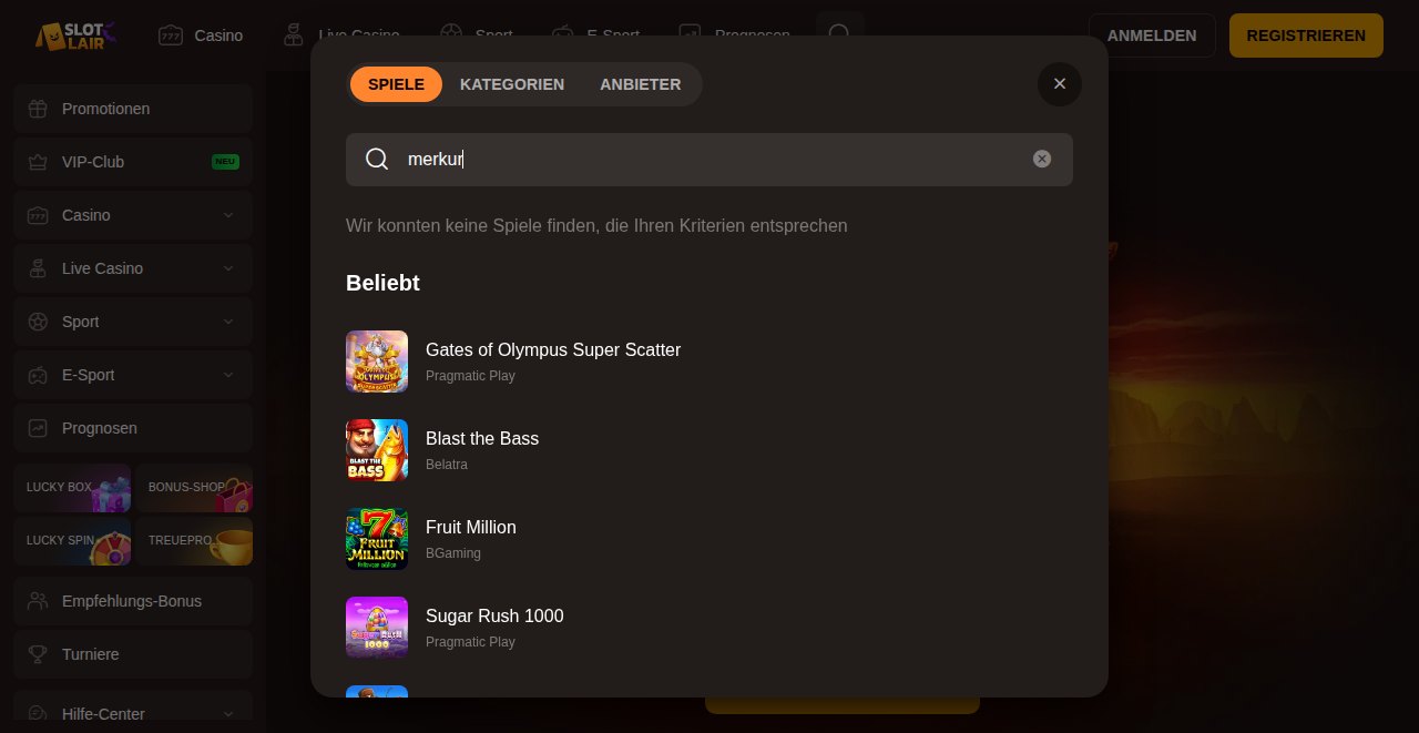 Slotlair Spielesuche nach Merkur ohne Ergebnis, darunter beliebte Slots von Pragmatic Play und BGaming