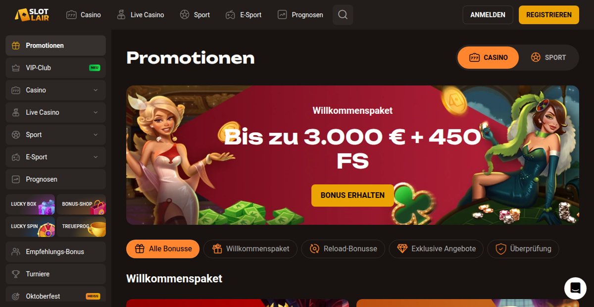 Slotlair Aktionsseite mit Willkommenspaket und eigenem Reiter für den Verifizierungsbonus