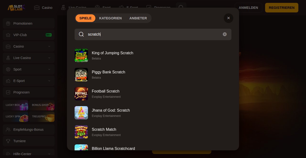 Slotlair Spielesuche nach Scratch mit King of Jumping Scratch und Piggy Bank Scratch von Belatra sowie Football Scratch und Scratch Match von Evoplay
