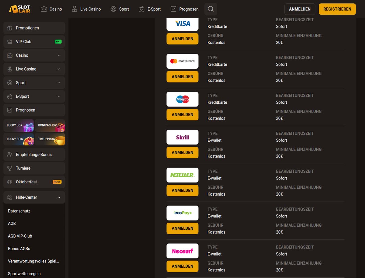 Slotlair Zahlungsseite mit Visa, Mastercard, Skrill, Neteller und weiteren Methoden