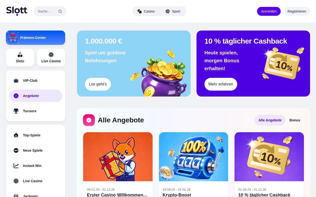 Slott Angebote mit Willkommensbonus, Krypto-Boost und Cashback