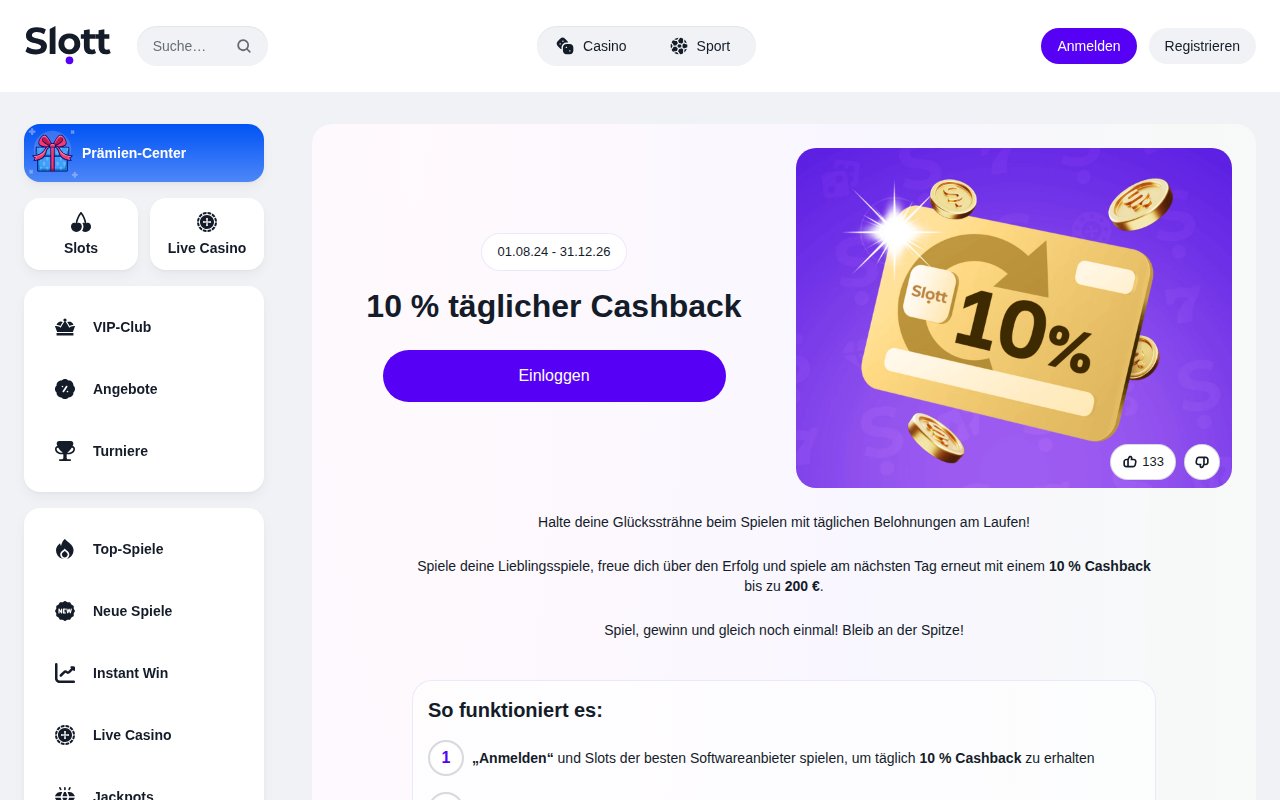 Slott 10 % täglicher Cashback bis 200 €