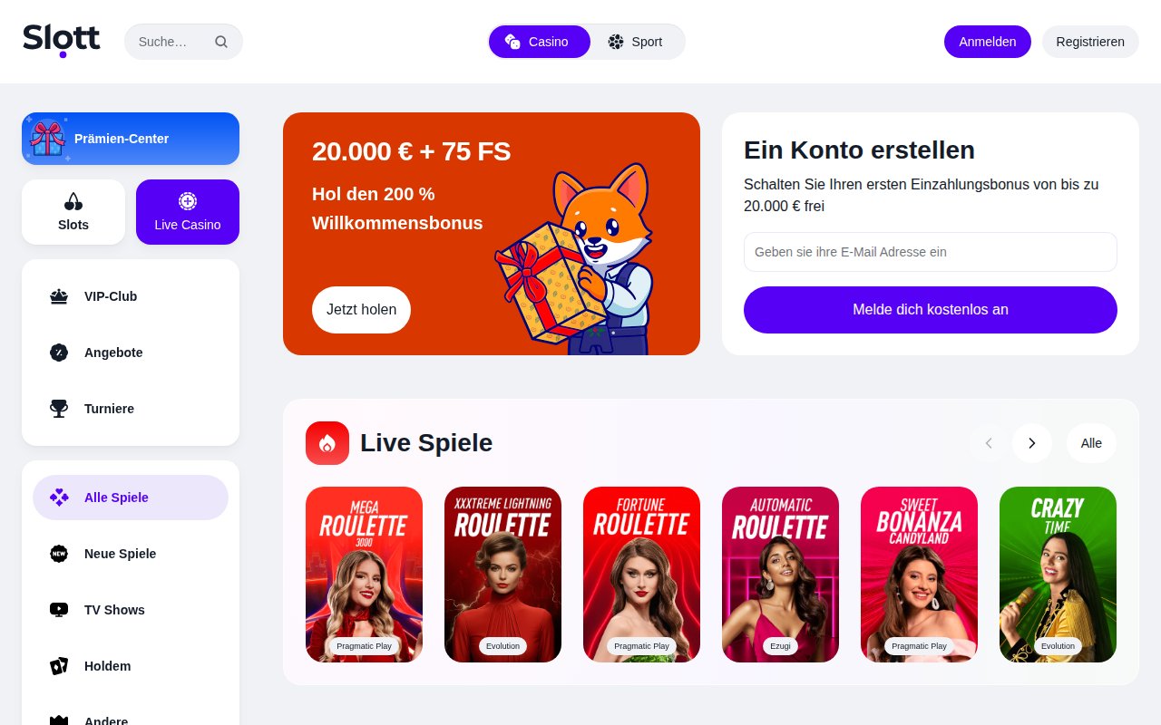 Slott Live Casino mit Spielen von Pragmatic Play, Evolution und Ezugi