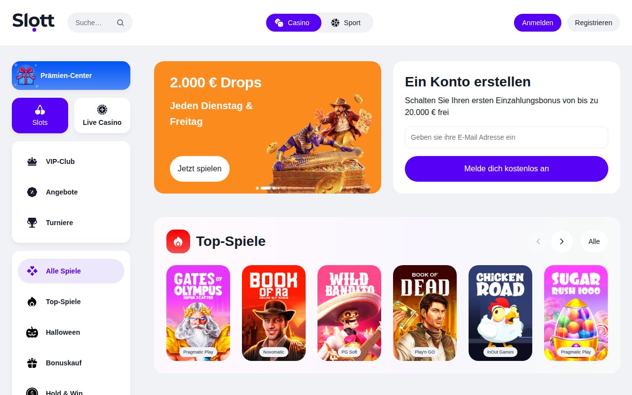 Slott Casino Startseite mit Top-Spielen und Willkommensbonus