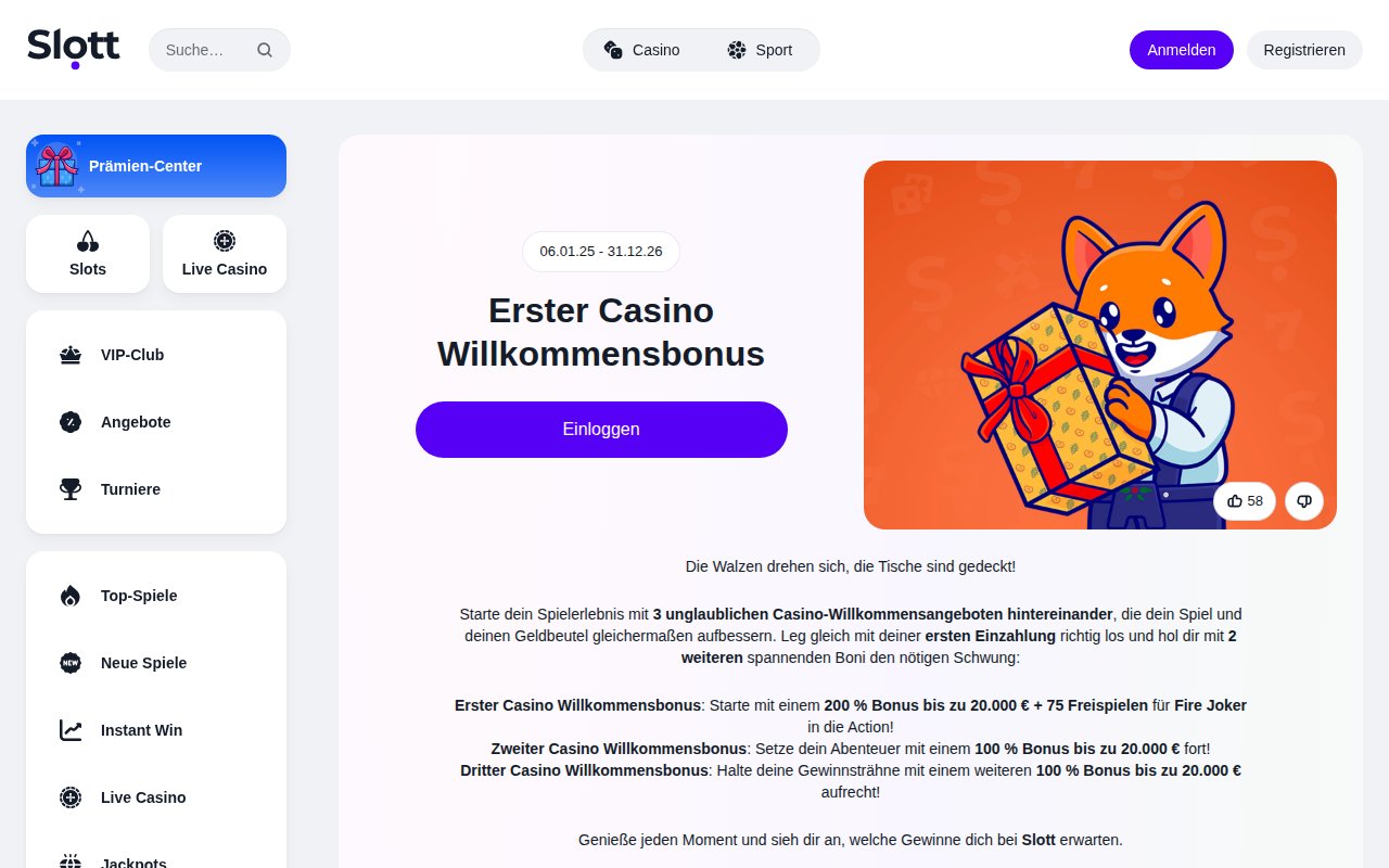 Willkommensbonus bei Slott: 200 % bis 20.000 € und 75 Freispiele