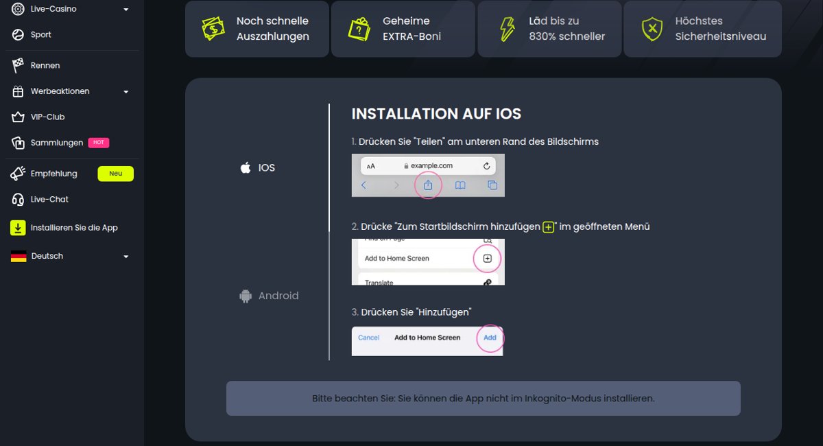 Starzino App-Anleitung zur Installation der Web-App auf iOS
