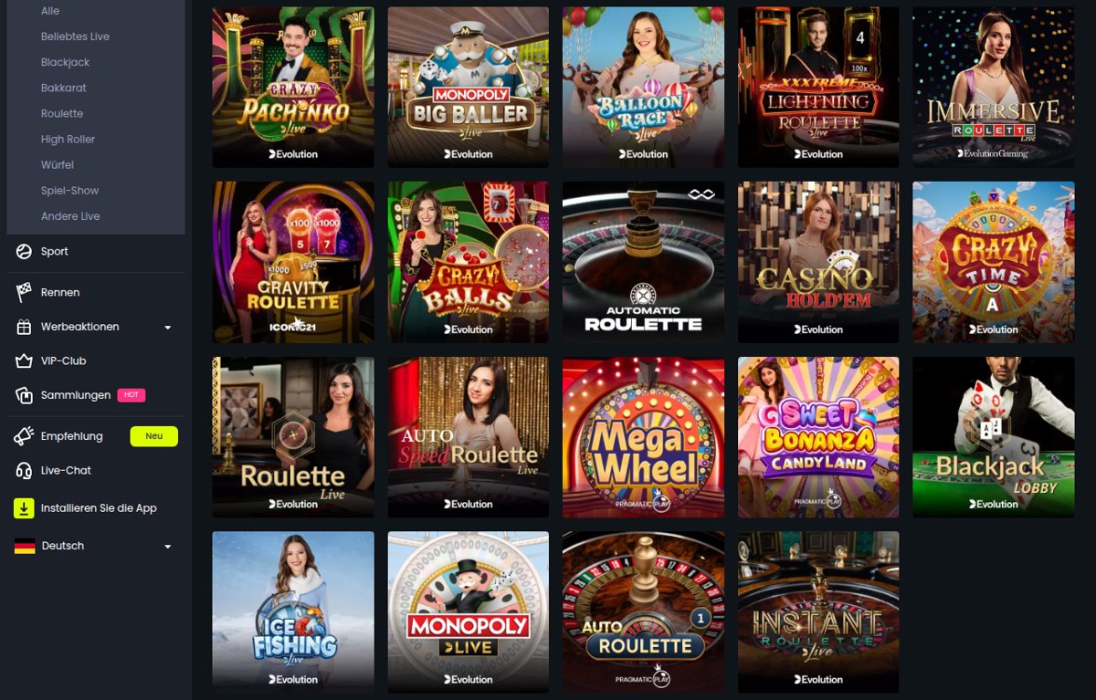 Starzino Live-Casino mit Crazy Time, Lightning Roulette und Blackjack von Evolution