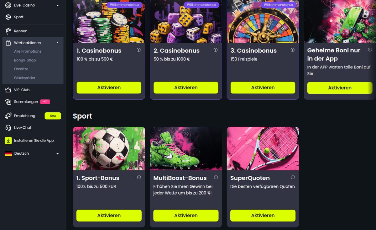 Starzino Aktionsseite mit den drei Stufen des Casino-Willkommensbonus