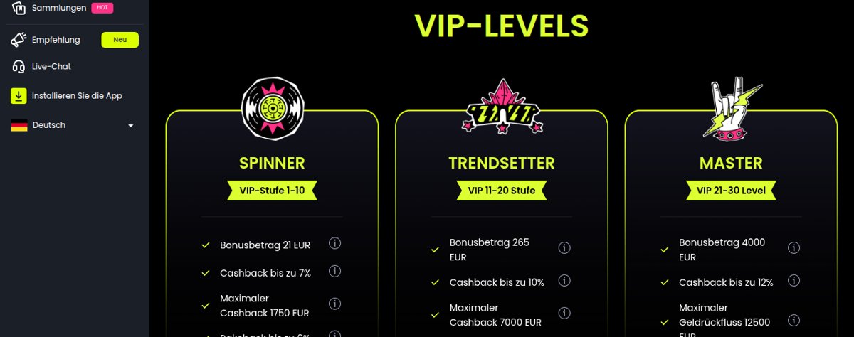 Starzino VIP-Club mit den Stufen Spinner, Trendsetter und Master
