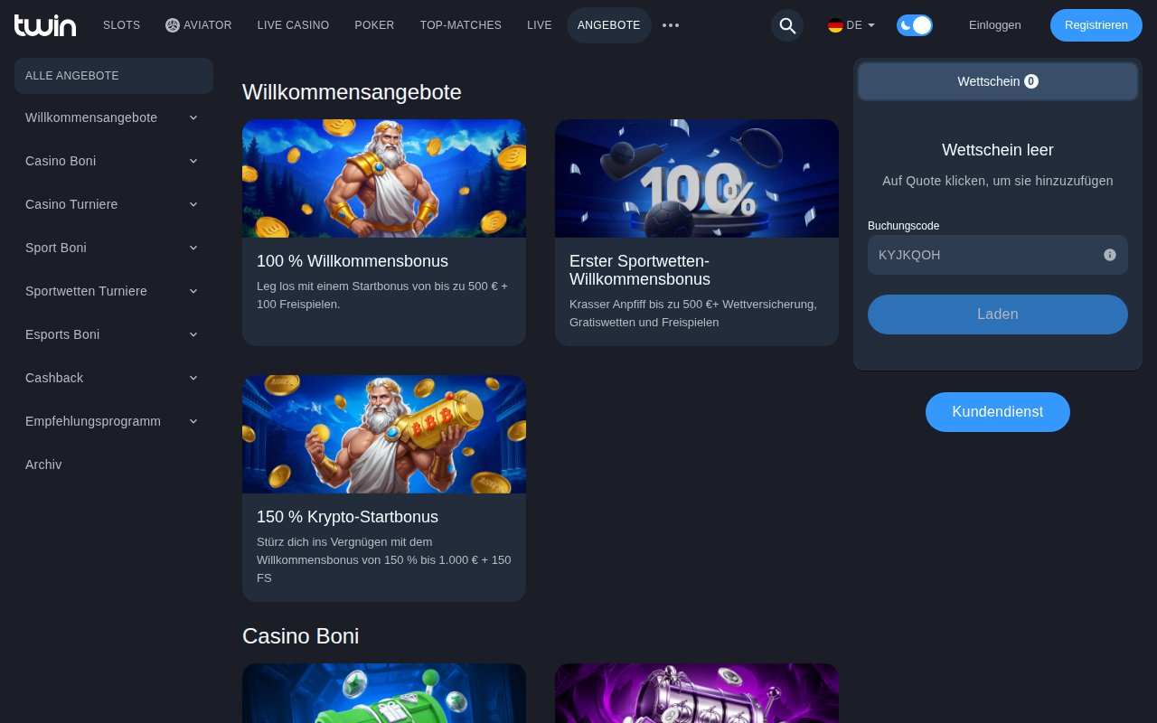 Twin Angebote: Willkommensboni für Casino, Sport und Krypto