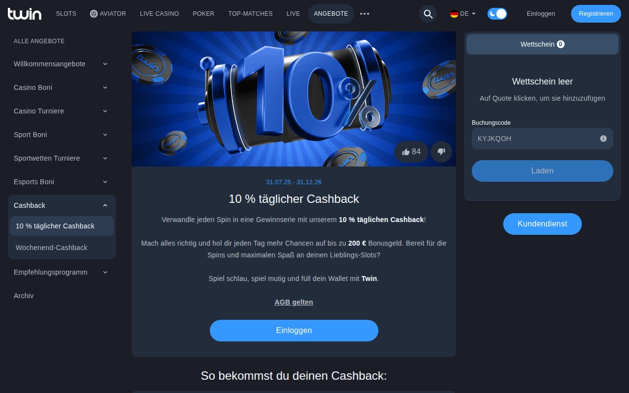 Twin 10 % täglicher Cashback bis 200 €