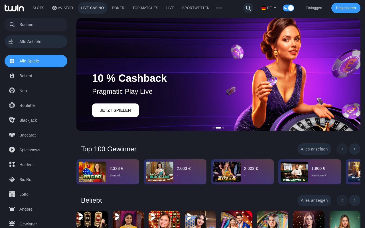 Twin Live Casino mit Roulette, Blackjack und Spielshows