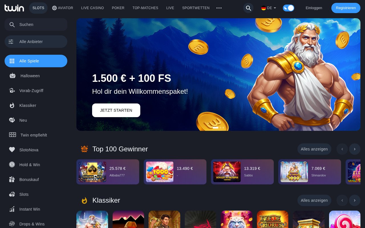 Twin Casino Startseite mit Willkommenspaket bis 1.500 € + 100 Freispiele