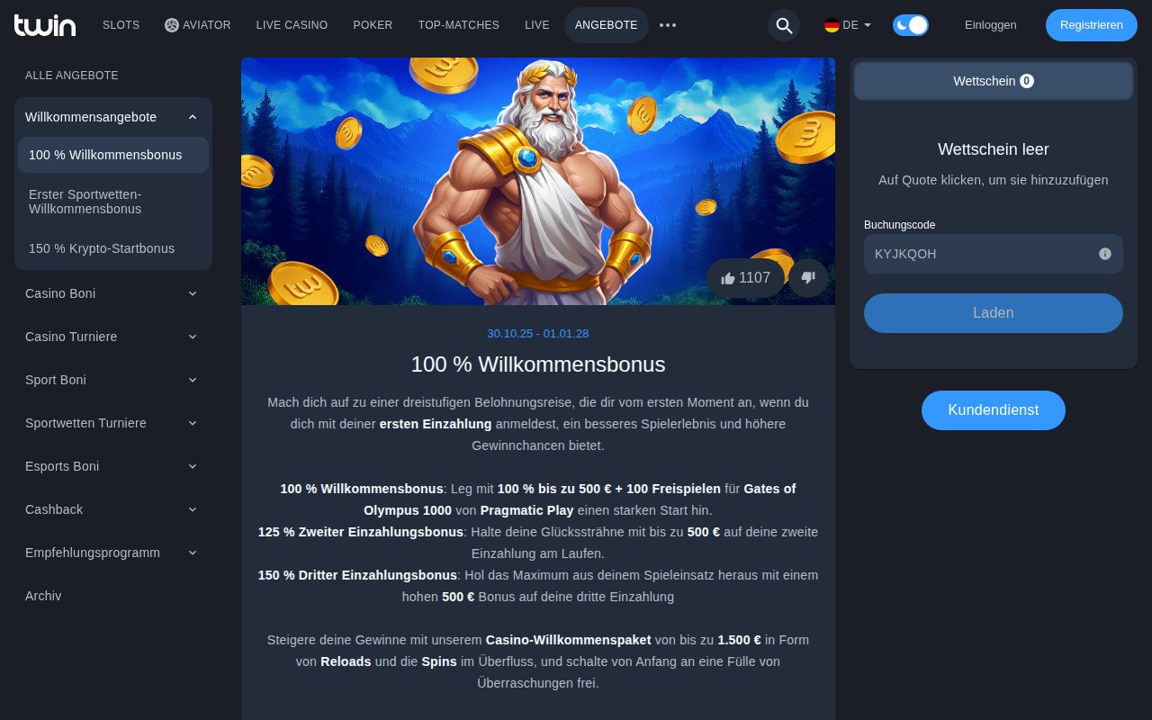 Willkommensbonus bei Twin: 100 % bis 500 € und 100 Freispiele auf die erste Einzahlung