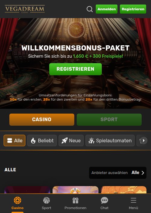Vegadream mobile Version mit Willkommensbonus und Navigationsleiste