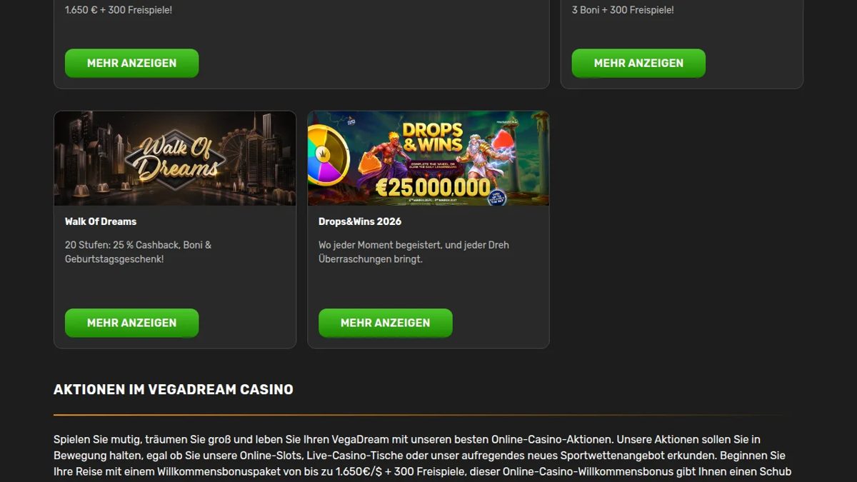 Vegadream Aktionsseite mit Walk of Dreams und Drops & Wins