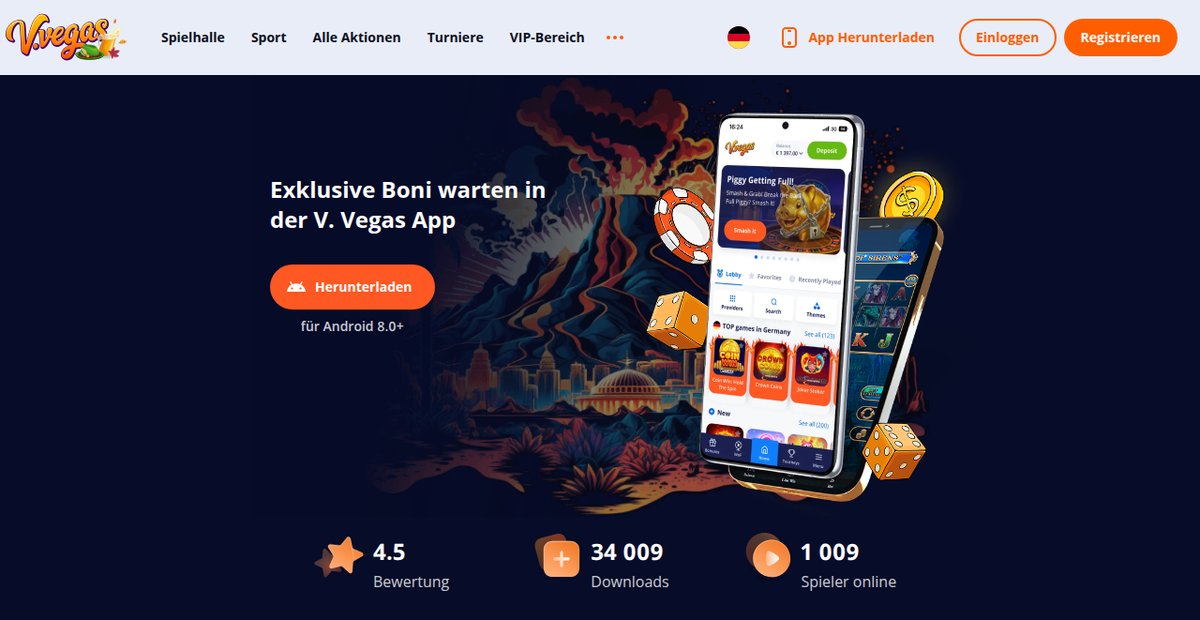 V.Vegas Seite zur mobilen App mit exklusiven Boni