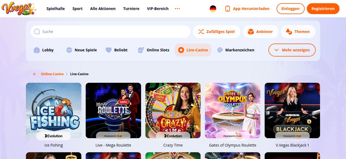 Live-Casino von V.Vegas mit Tischen von Evolution und Pragmatic Play