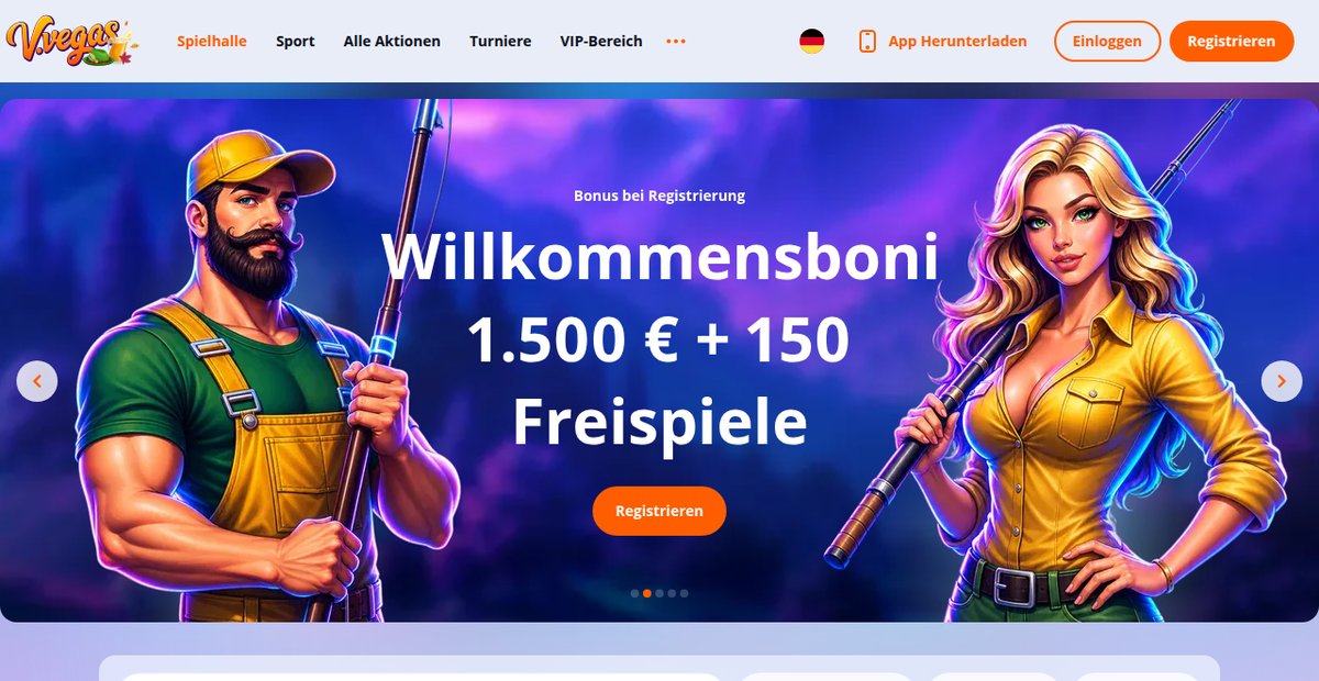Startseite von V.Vegas (ehemals Vulkan Vegas) mit Willkommensbonus
