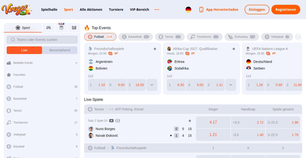 Sportwetten-Bereich von V.Vegas mit Live-Spielen und Top-Events