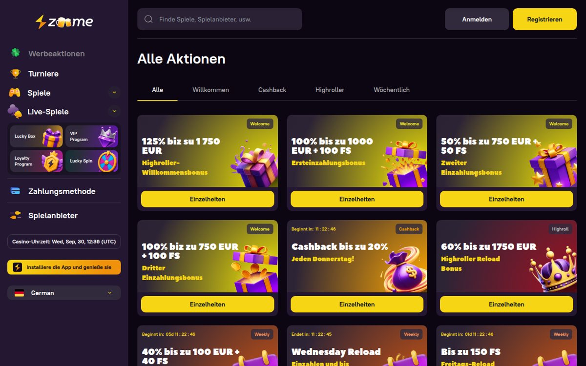 Zoome Aktionsseite mit Highroller-Willkommensbonus und wöchentlichem Highroller-Reload